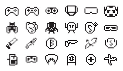 Collection of pixel art controllers and game console equipment for retro gaming theme. © MDABDUR