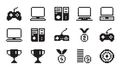Gaming hardware and achievement award pixel art icons including gamepad and trophy symbols. © MDABDUR