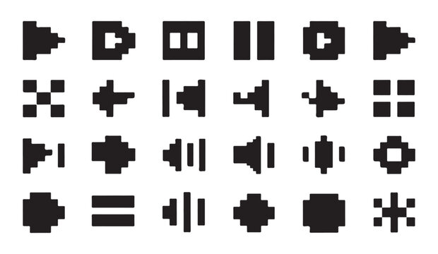 Various pixel art interface icons collection for retro computer and mobile gaming apps.