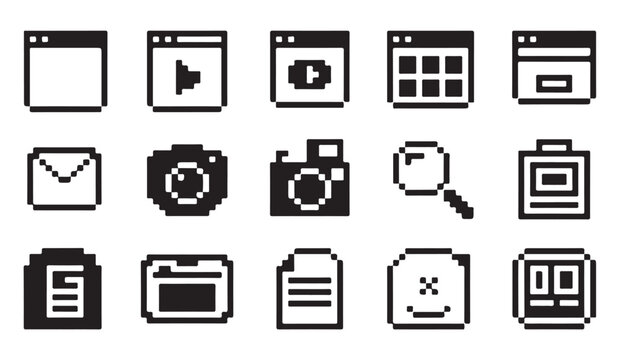 Pixel art computer windows and interface icons set for website development and software.