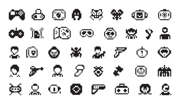 Large set of pixel art retro game characters and inventory items for digital projects.