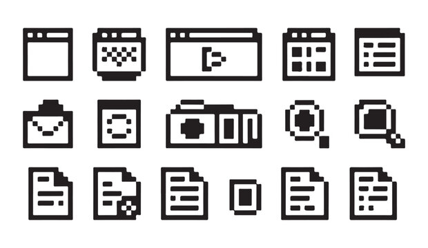 Document files and data browsing pixel art icons collection for digital information management.