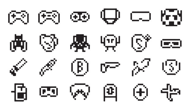 Collection of pixel art controllers and game console equipment for retro gaming theme.