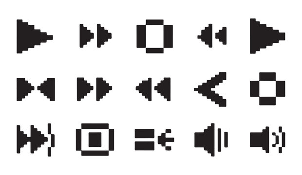 Multimedia playback control pixel art button symbols for audio and video player interface.