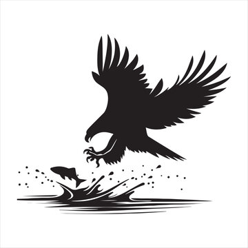 Eagle catching fish from water vector silhouette line art concept logo design idea illustration

