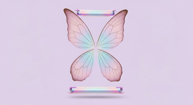 Iridescent fairy wings with holographic scrolls on a pastel purple background
