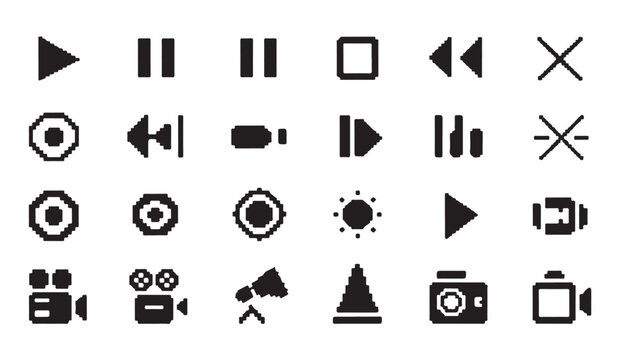 Pixel art video player icons for retro gaming and digital media interfaces.