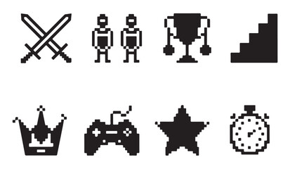 Gaming pixel art icons set featuring achievement rewards and competitive player elements. © MDABDUR