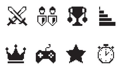 Gaming pixel art icons set featuring achievement rewards and competitive player elements. © MDABDUR