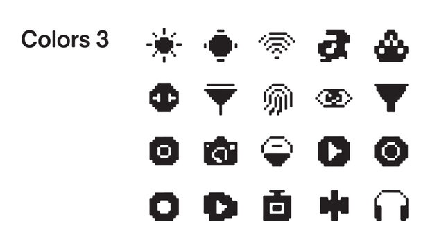 Set of pixel art icons for user interface design representing various common digital tasks.