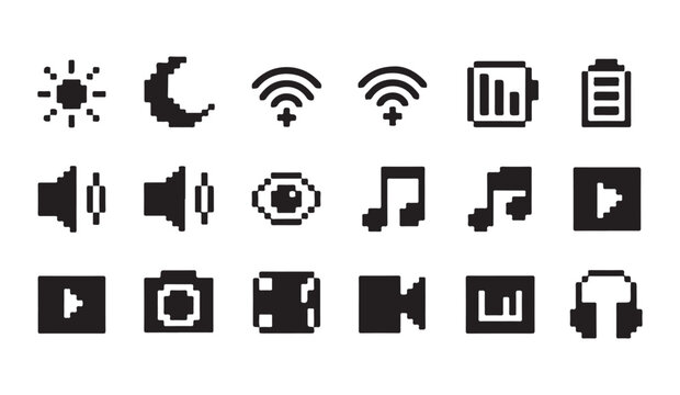Assorted pixel art icons for technology and media functions, 8 bit retro design style.
