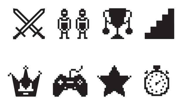 Gaming pixel art icons set featuring achievement rewards and competitive player elements.