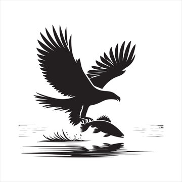 Eagle catching fish from water vector silhouette line art concept logo design idea illustration
