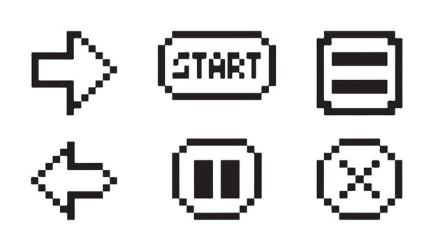 Pixelated arrows and game control buttons, retro 8-bit style icons on white background.