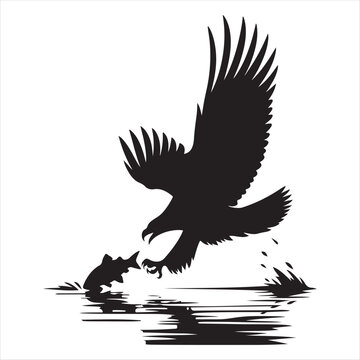 Eagle catching fish from water vector silhouette line art concept logo design idea illustration
