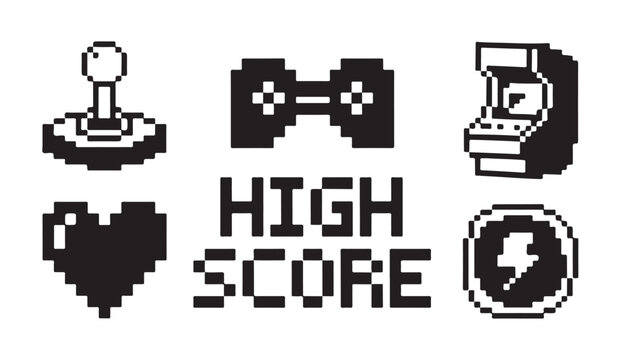 Retro video game pixel art icons, joystick, gamepad, arcade, heart, and high score text.