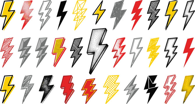 Lightning Bolt Vector Icon Set with Hand Drawn Sketchy Thunderbolts and Doodle Flash Graphic Elements for Pop Art Comic and Power Designs