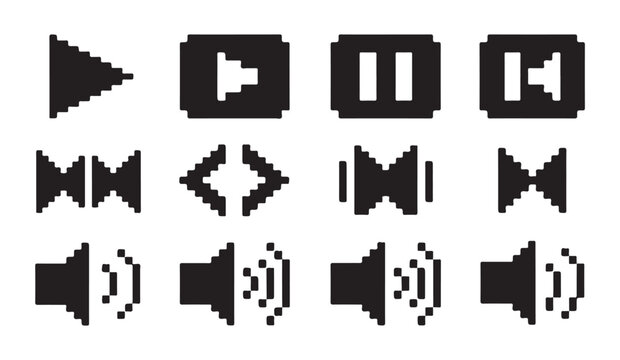 Set of pixel art multimedia and audio player interface icons for vintage gaming software.
