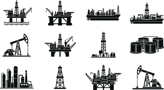 Offshore Oil Rig and Industrial Refinery Silhouette Icon Set with Petroleum Drilling Platforms Pumpjacks and Storage Tanks for Energy Sector Graphic Designs