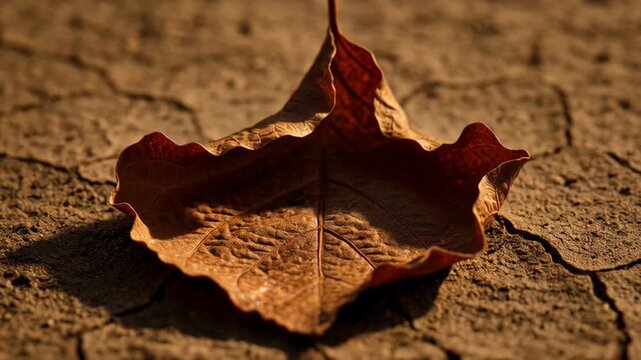 Dry brown leaf curling on parched cracked soil representing drought and climate change.