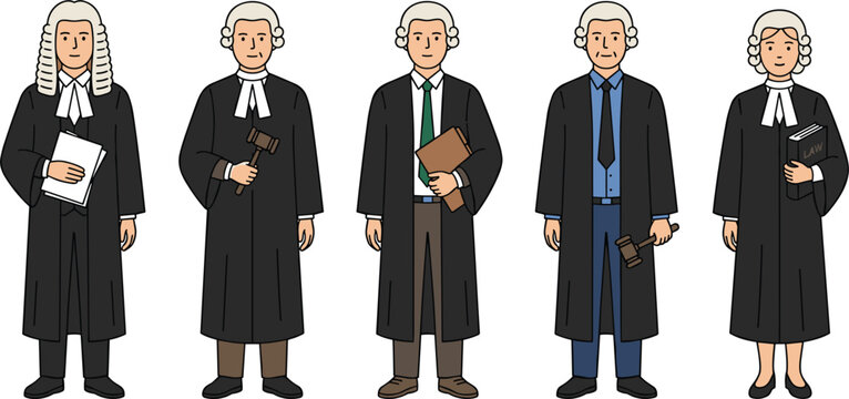 Judges and Barristers Vector Character Set with Men and Women in Traditional Court Robes and Wigs for Legal Justice Law Firm and Trial Graphic Designs