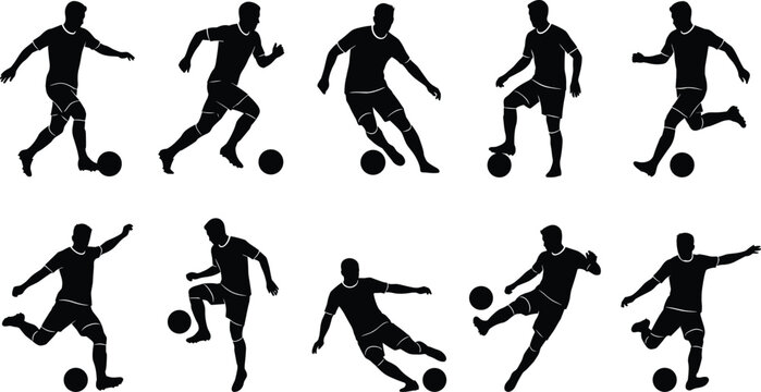 Collection of black soccer player silhouettes in dynamic action poses including dribbling running kicking and controlling the football.