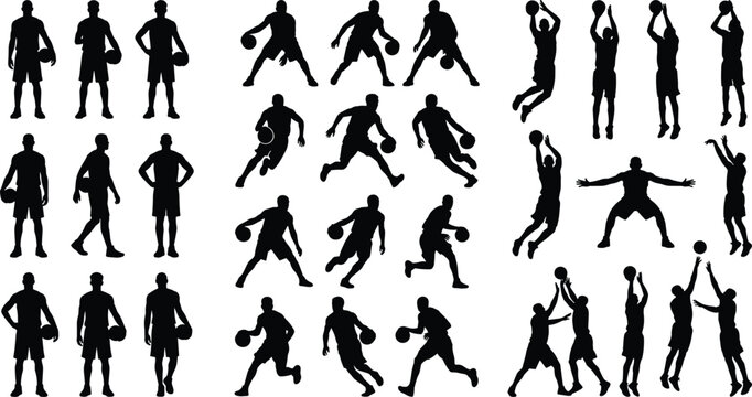 Large collection of black basketball player silhouettes in dynamic gameplay poses including dribbling shooting defending and standing isolated on white.
