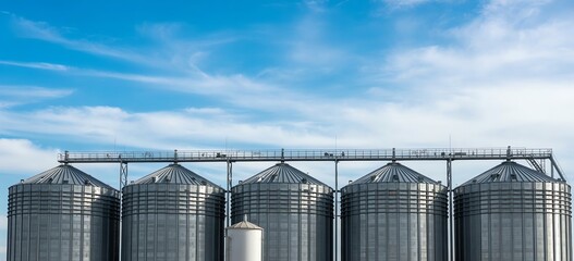 Fototapeta premium Large industrial grain silos lined up under a bright blue sky with wispy white clouds overhead.