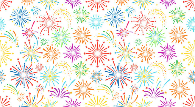 Seamless pattern of colorful fireworks on white background for festive events. Bright and lively firework display forms a festive backdrop. Vector illustration