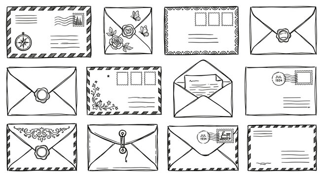 Collection of sketch letters and mail envelopes. Set of sketch letters and mail envelopes hand drawn doodle post cards. Hand drawn post cards, various paper correspondence. Vector illustration.