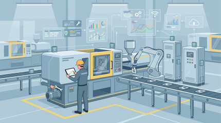 Fototapeta premium Isometric smart factory automation with robotic arm and engineer monitoring production on tablet, modern blue gray industrial scene for Industry 4.0 digital transformation marketing