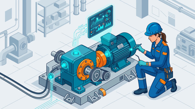 Isometric Industry 4.0 technician servicing industrial motor with IoT monitoring dashboard in smart factory, blue high-tech automation illustration