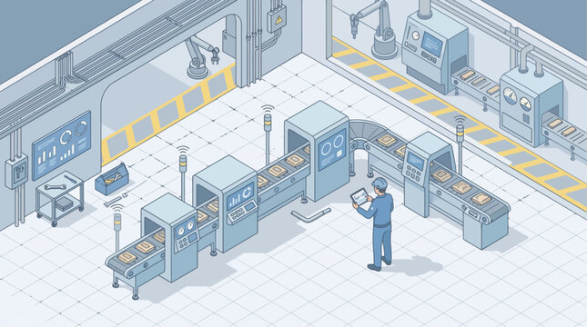 Isometric automation engineer inspecting conveyor assembly line in smart factory, Industry 4.0 manufacturing control with clean blue industrial lighting for business operations
