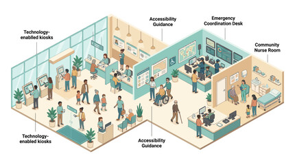 Fototapeta premium Isometric smart hospital clinic scene showing patient check-in kiosks, accessibility support and emergency coordination for modern healthcare digital transformation