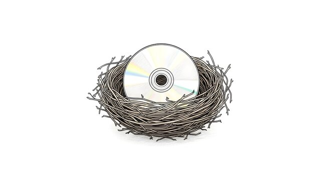 Compact Disc Nesting in Intricate Twig Bird Nest Illustration.