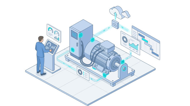 Isometric engineer monitoring industrial electric motor with IoT analytics dashboards for predictive maintenance, smart manufacturing automation, clean blue tech illustration