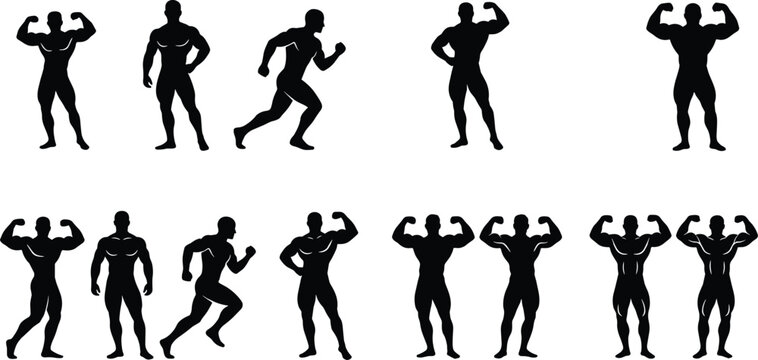 Large collection of muscular bodybuilder black silhouettes posing and running for fitness gym and bodybuilding competition vector illustrations