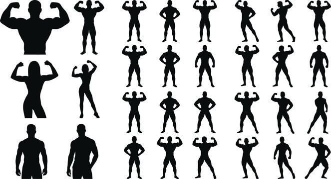 Large collection of professional bodybuilder silhouettes featuring muscular men and women flexing bicep muscles on white background