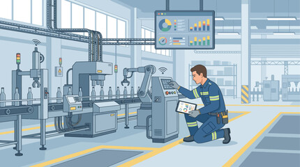 Naklejka premium Isometric smart factory technician inspecting robotic assembly line with tablet, industrial automation analytics dashboard, blue gray modern manufacturing floor
