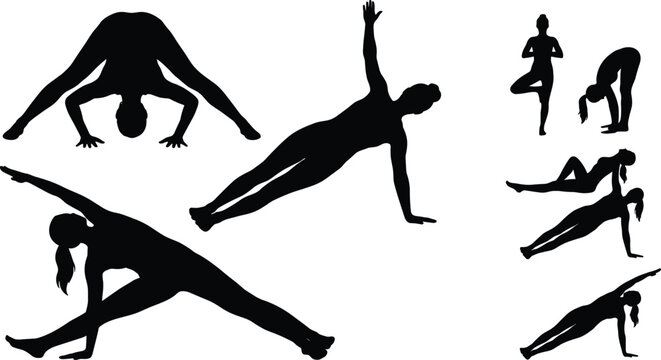 Vector set of yoga and pilates silhouettes featuring female figures practicing advanced stretching and balance fitness poses