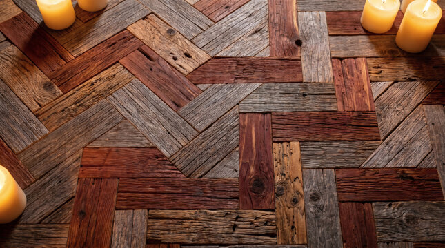 Vintage wooden floor texture with multicolor planks in herringbone design