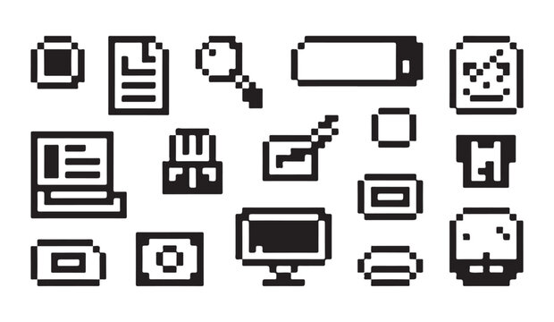 Pixel art collection of retro computer icons including laptop, monitor, floppy disk, and files.