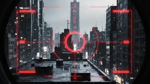 Human eye pupil zooms into a rainy city skyline with digital red targeting scope overlay.
