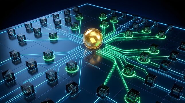 A centralized golden sphere connects to a complex digital network of glowing blue and green data nodes on a dark reflective surface representing fintech infrastructure