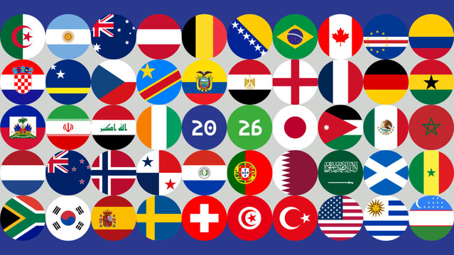 Football national flags banner design. Graphic layout displays rows of circular team icons. Perfect for football and sports event graphic resources.