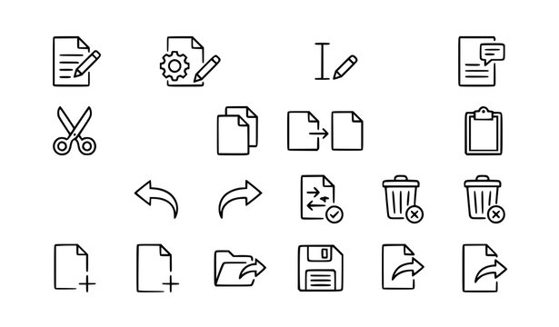 Minimal edit tools line icon set with document and pen action symbols