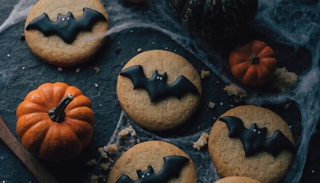 Dark bat decorated sugar cookies on slate board with autumn pumpkins set.