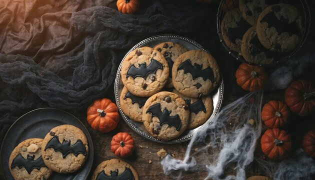 Black bat sugar cookies arranged on silver plate with mini pumpkins set.