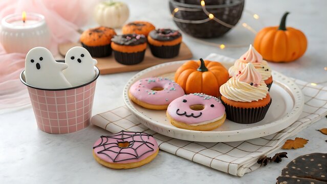 Halloween treats featuring ghost marshmallows cupcakes and donuts on a table.