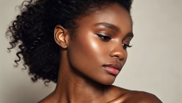 A close-up portrait of a woman with glowing skin, natural curly hair, and a serene expression against a neutral background.